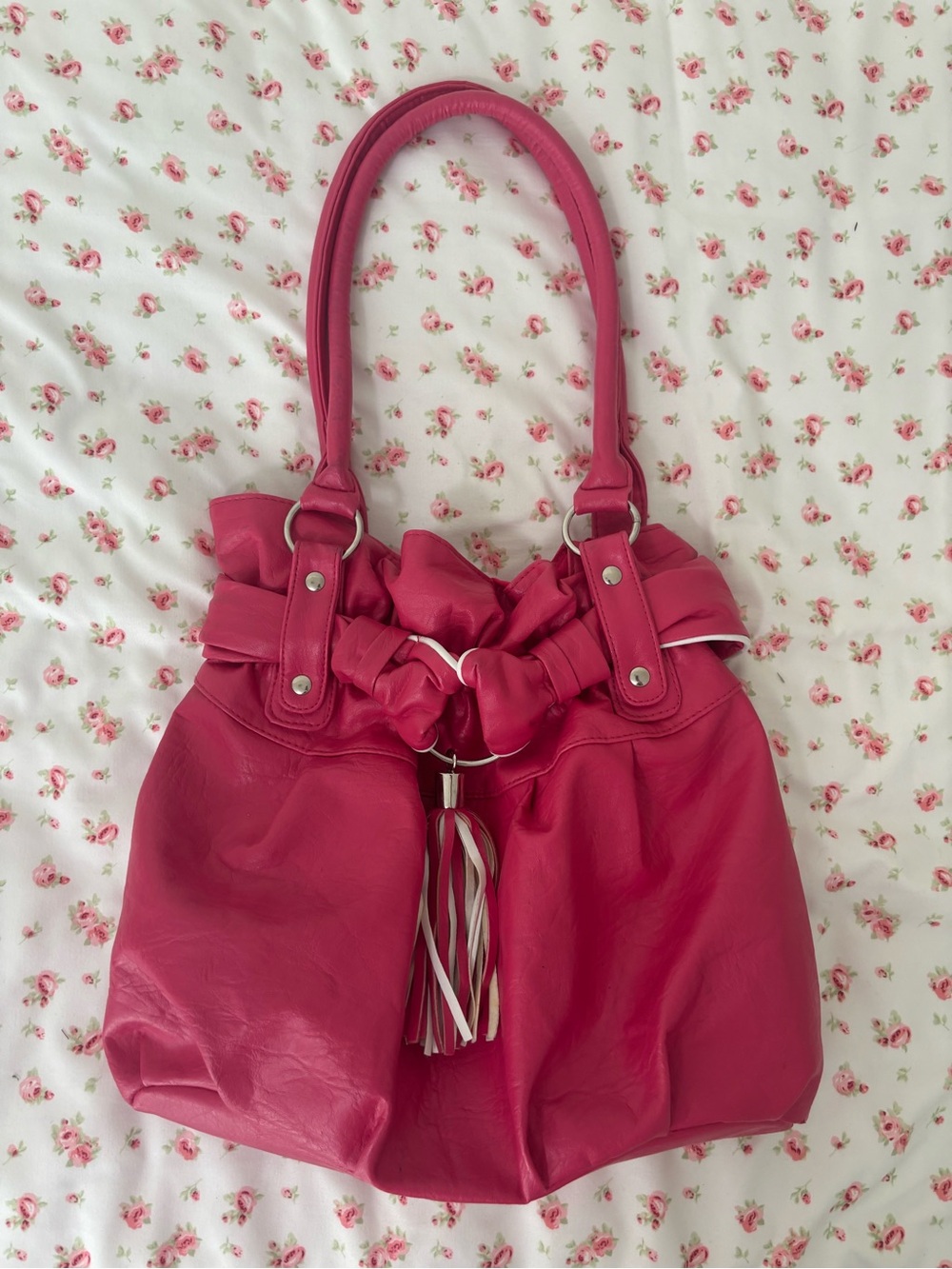 Fuchsia Shoulder Tote with Bow and Tassel Detail
